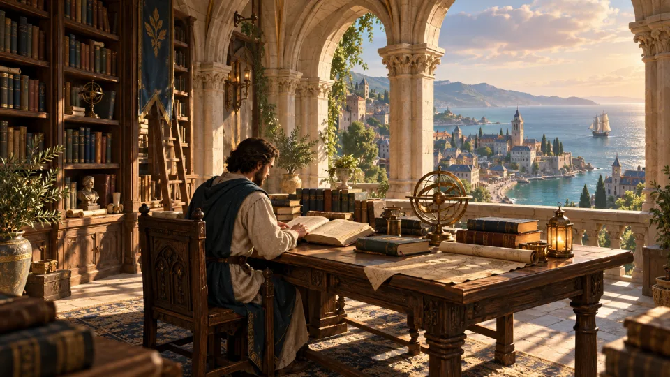 Konzeptillustration einer vornehmen Küstenbibliothek mit Steinbögen, Bücherregalen, einem Gelehrten am Lesetisch und Blick auf das Meer.