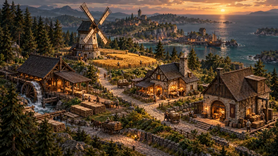 Illustration eines vernetzten Produktionsviertels mit Sägewerk, Windmühle, Bäckerei und Lagerhaus an der Inselküste.