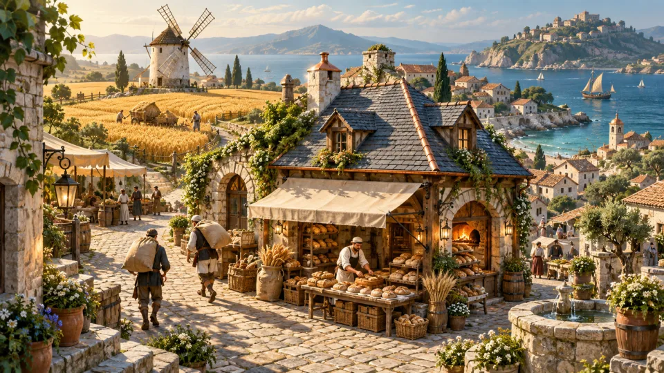 Konzeptillustration einer Inselsiedlung mit Bäckerei, Brotstand, Trägern mit Getreidesäcken, Windmühle und goldenen Feldern am Meer.